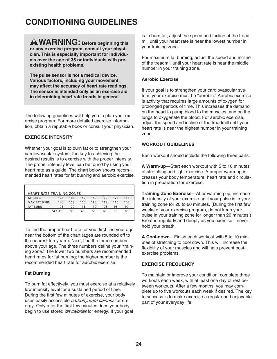 Conditioning guidelines, Warning | ProForm 831.29675.1 User Manual | Page 24 / 30