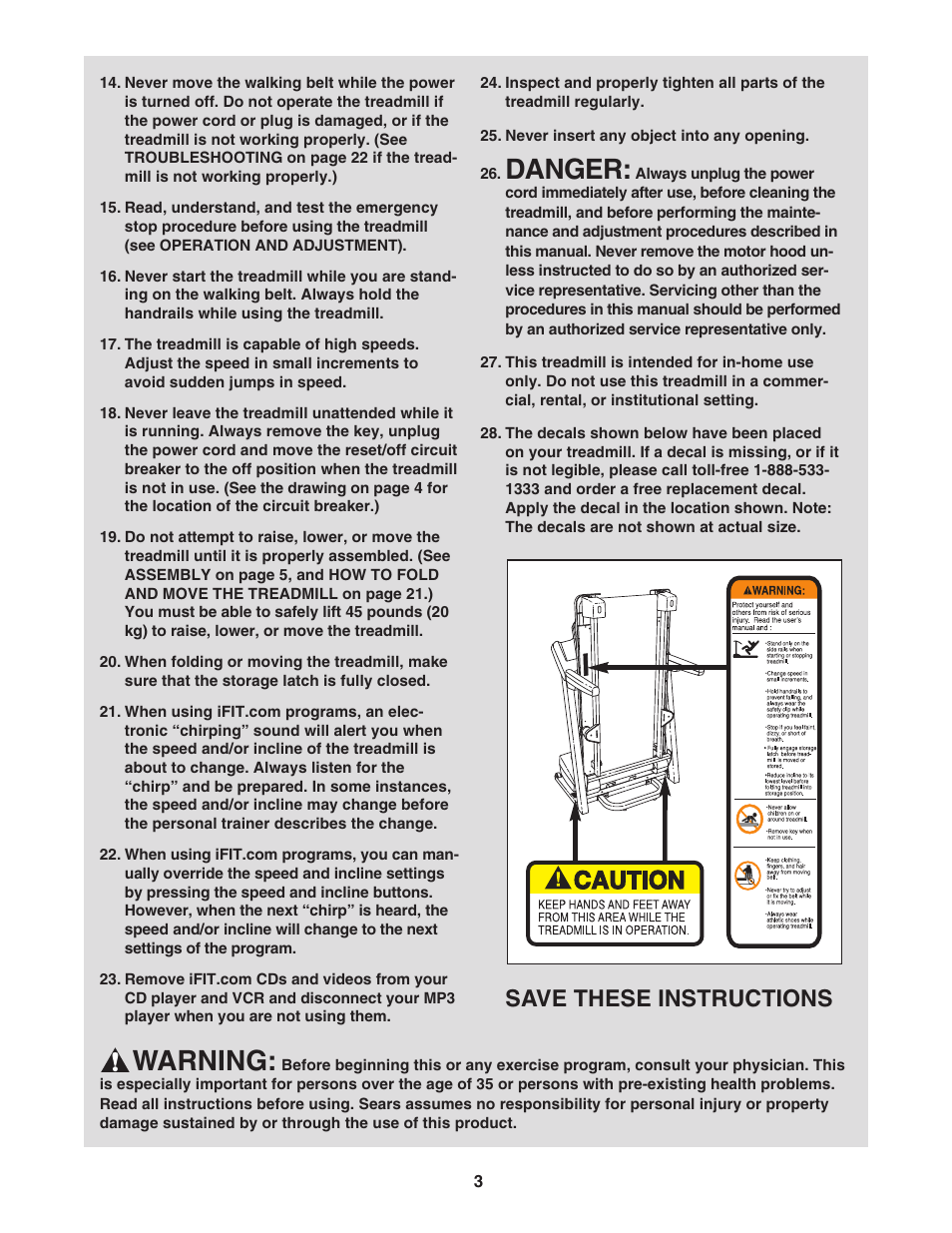 Danger, Warning, Save these instructions | ProForm 831.29675.1 User Manual | Page 3 / 30