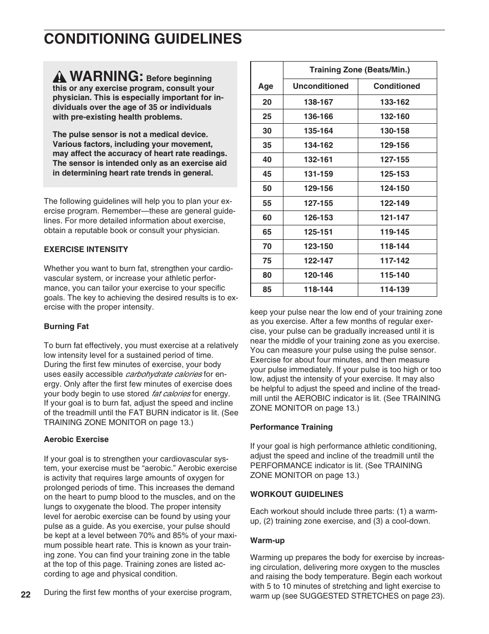 Conditioning guidelines, Warning | ProForm 725 TL 831.297763 User Manual | Page 22 / 26