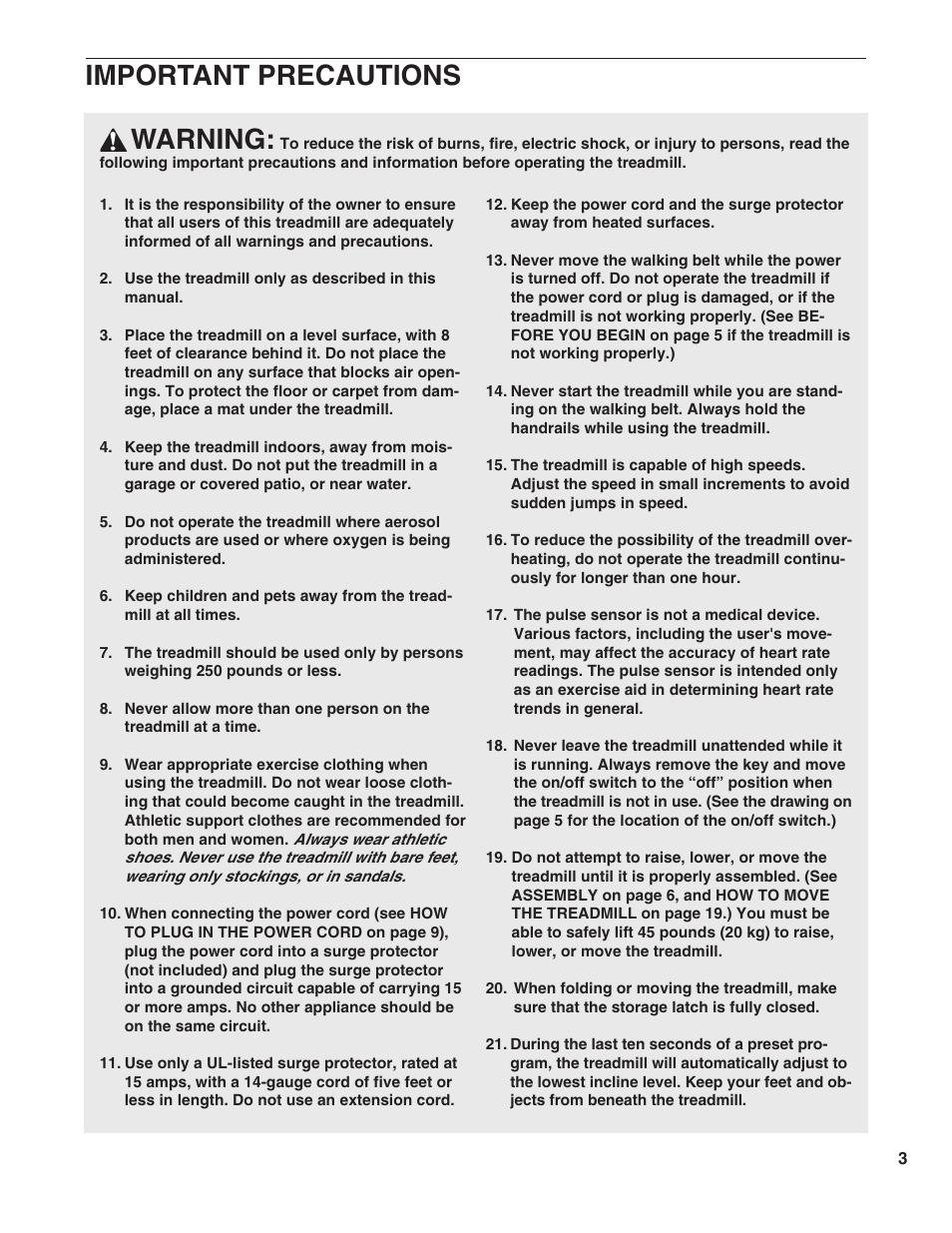 Warning, Important precautions | ProForm 725 TL 831.297763 User Manual | Page 3 / 26