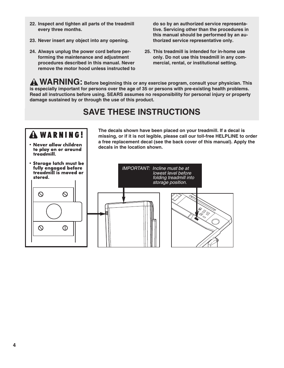 Warning, Save these instructions | ProForm 725 TL 831.297763 User Manual | Page 4 / 26