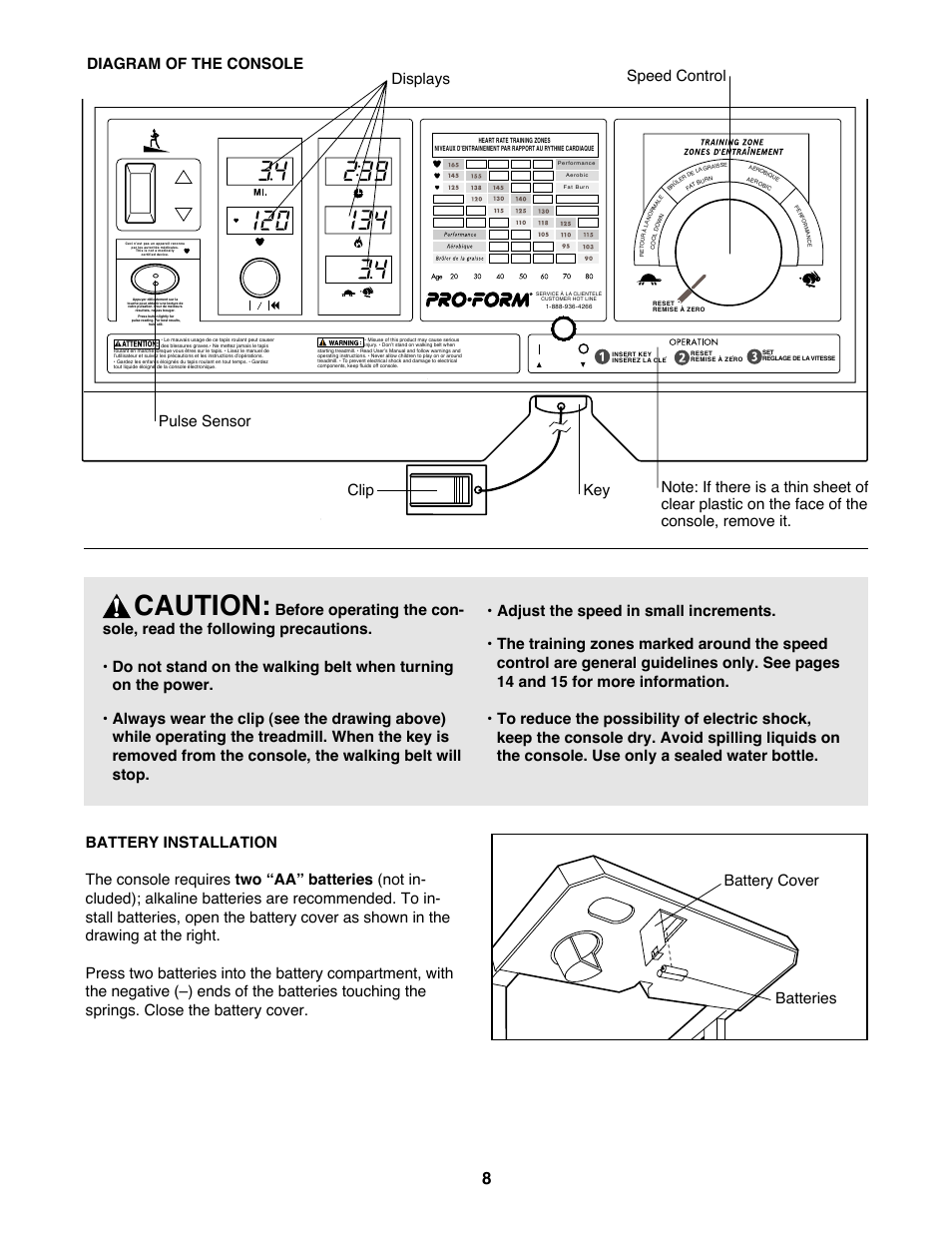 Caution, Batteries battery cover | ProForm 425 PCTL93070 User Manual | Page 11 / 21