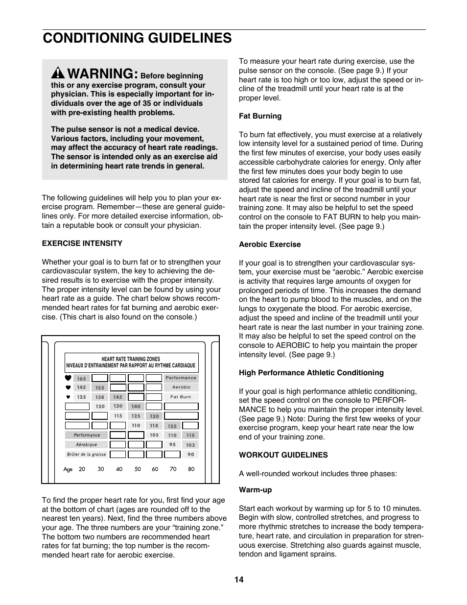 Conditioning guidelines, Warning | ProForm 425 PCTL93070 User Manual | Page 14 / 21