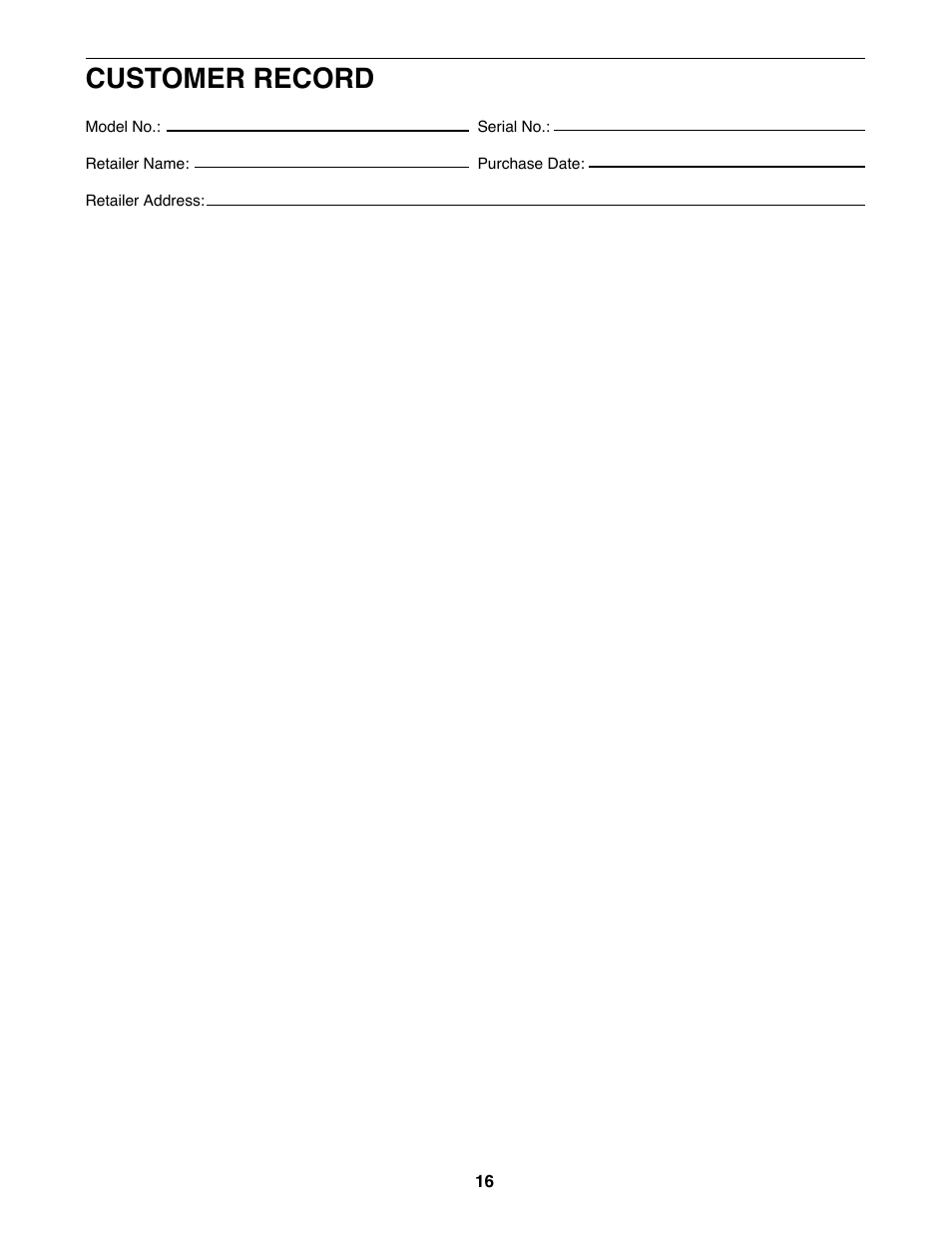 Customer record | ProForm 425 PCTL93070 User Manual | Page 16 / 21