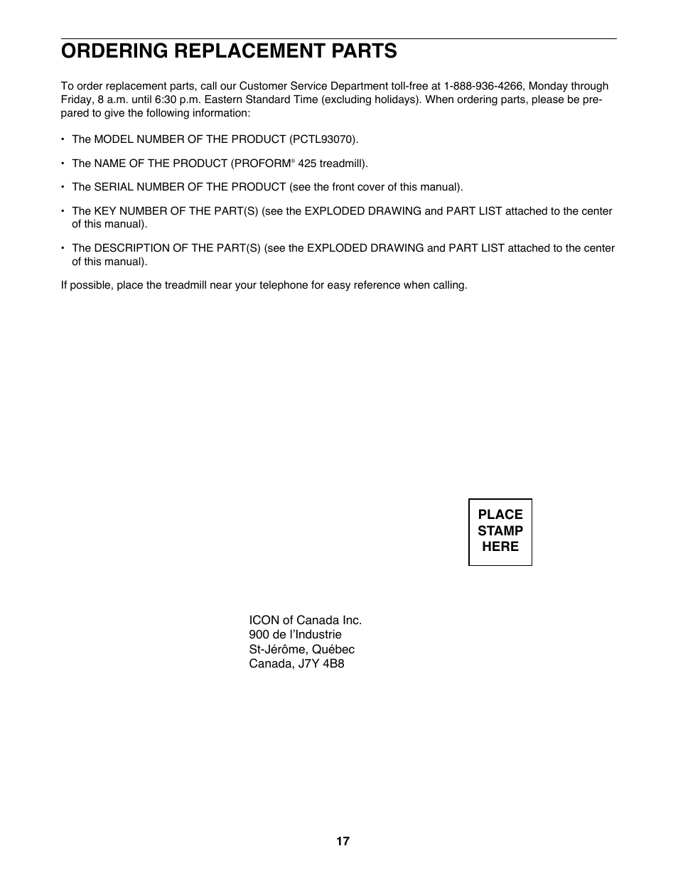 Ordering replacement parts | ProForm 425 PCTL93070 User Manual | Page 17 / 21