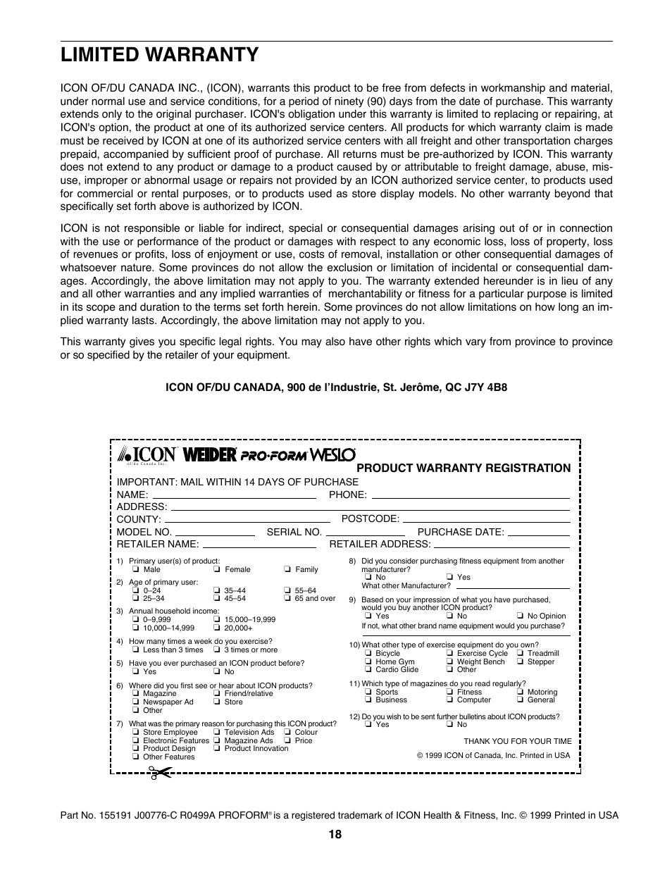 Limited warranty, Product warranty registration | ProForm 425 PCTL93070 User Manual | Page 18 / 21