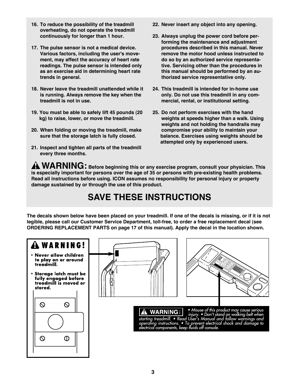 Warning, Save these instructions | ProForm 425 PCTL93070 User Manual | Page 3 / 21