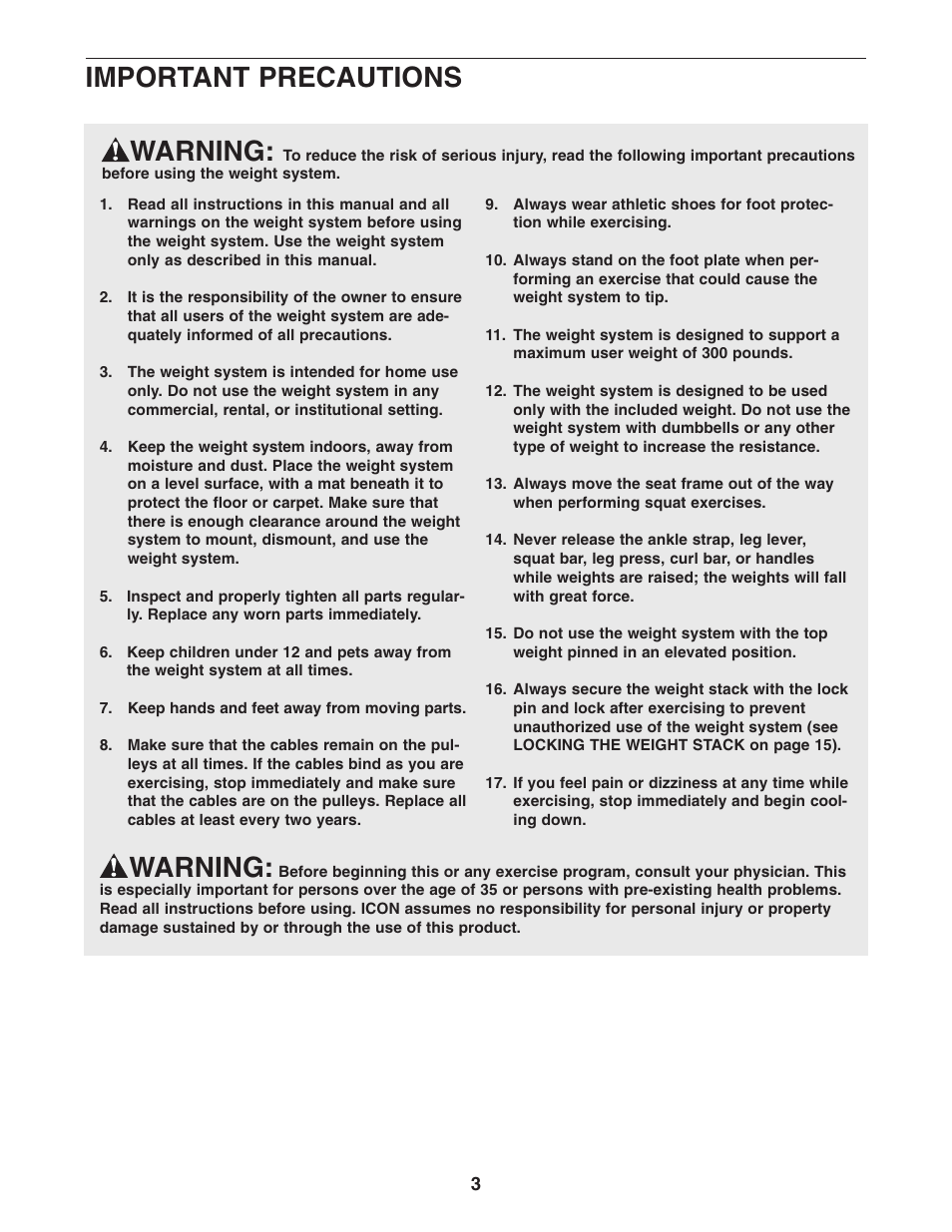 Warning, Important precautions | ProForm Fusion PFSY3415.0 User Manual | Page 3 / 24