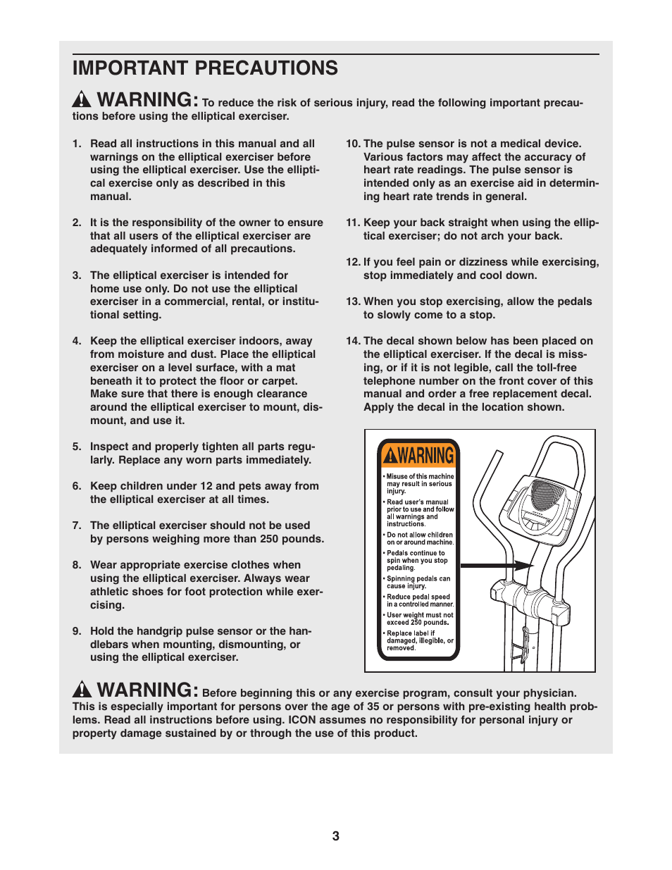 Important precautions warning, Warning | ProForm PFEL6905.0 User Manual | Page 3 / 24