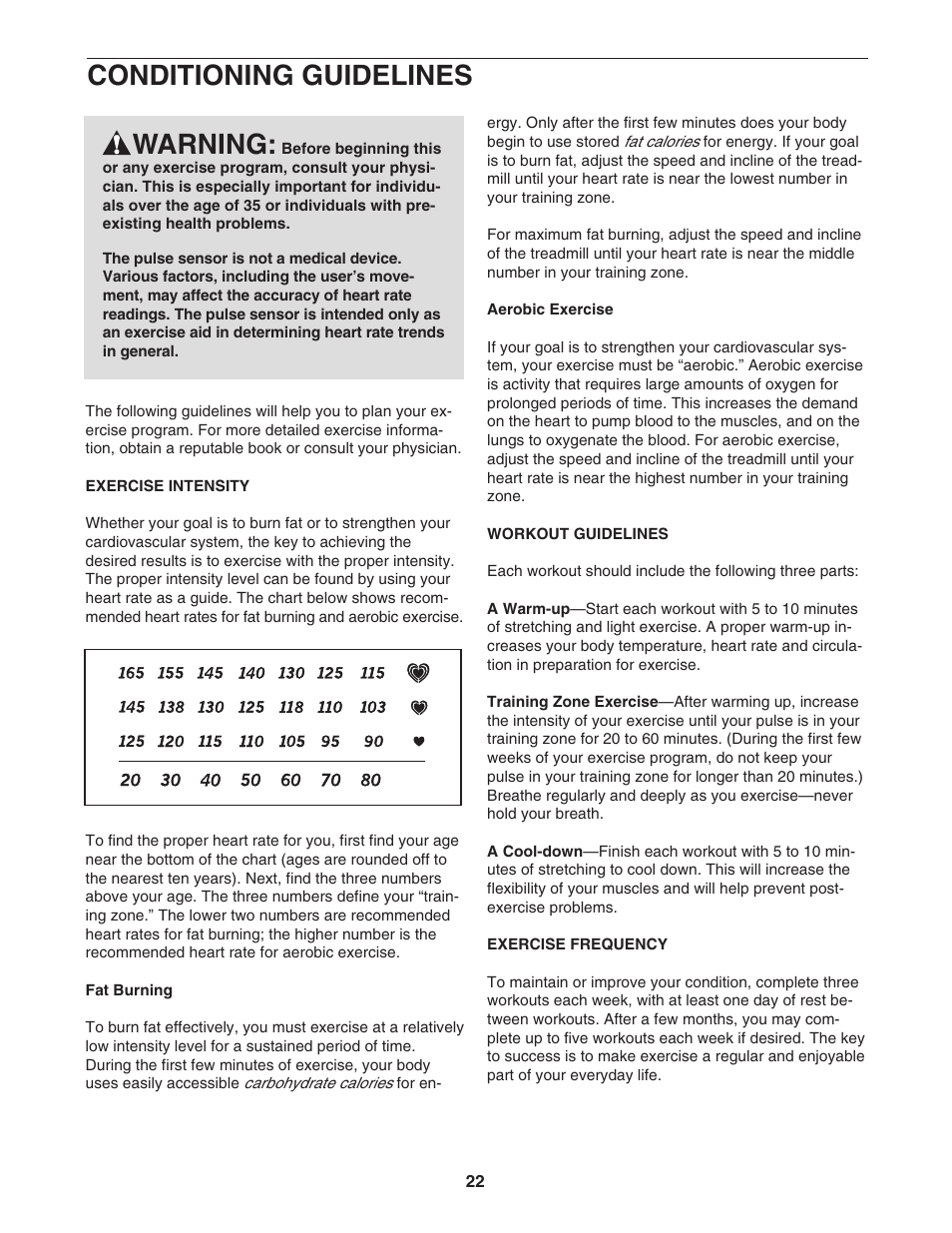 Conditioning guidelines, Warning | ProForm 831.24624.0 User Manual | Page 22 / 28