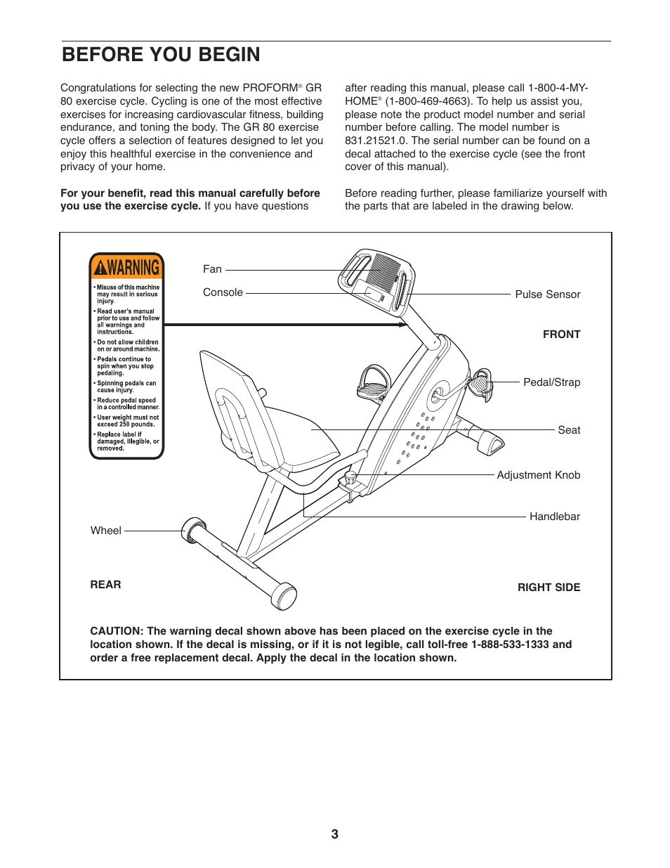 Before you begin | ProForm GR 80 831.21521.0 User Manual | Page 3 / 16