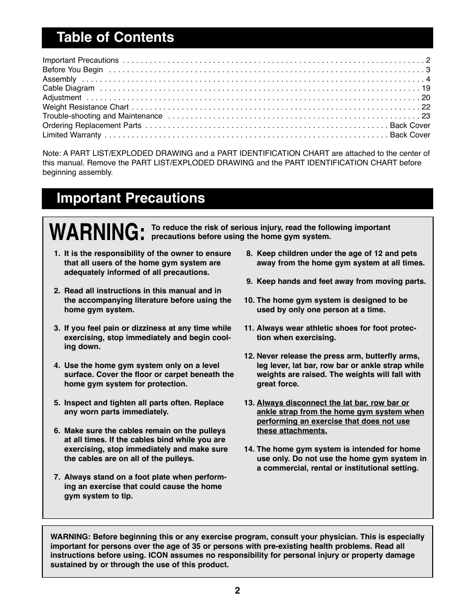 Warning, Table of contents important precautions | ProForm PFSY92080 User Manual | Page 2 / 28