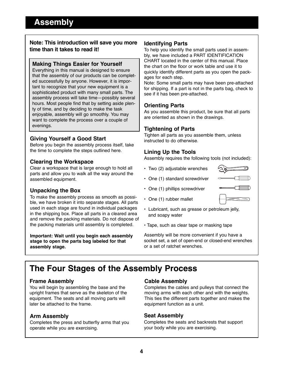 Assembly, The four stages of the assembly process | ProForm PFSY92080 User Manual | Page 4 / 28
