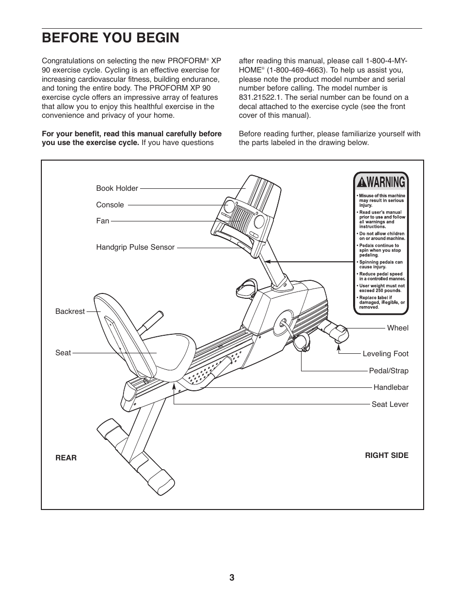 Before you begin, Rev–b 2, Backrest seat book holder | ProForm 831.21522.1 User Manual | Page 3 / 24