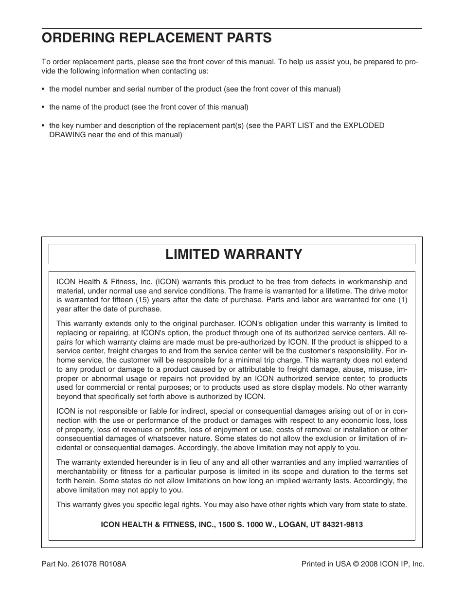 Ordering replacement parts, Limited warranty | ProForm PFTL97007.0 User Manual | Page 36 / 36