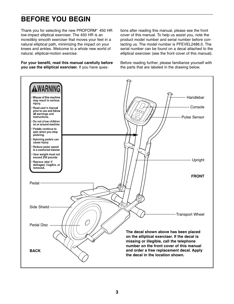 Before you begin | ProForm PFEVEL2486.0 User Manual | Page 3 / 20