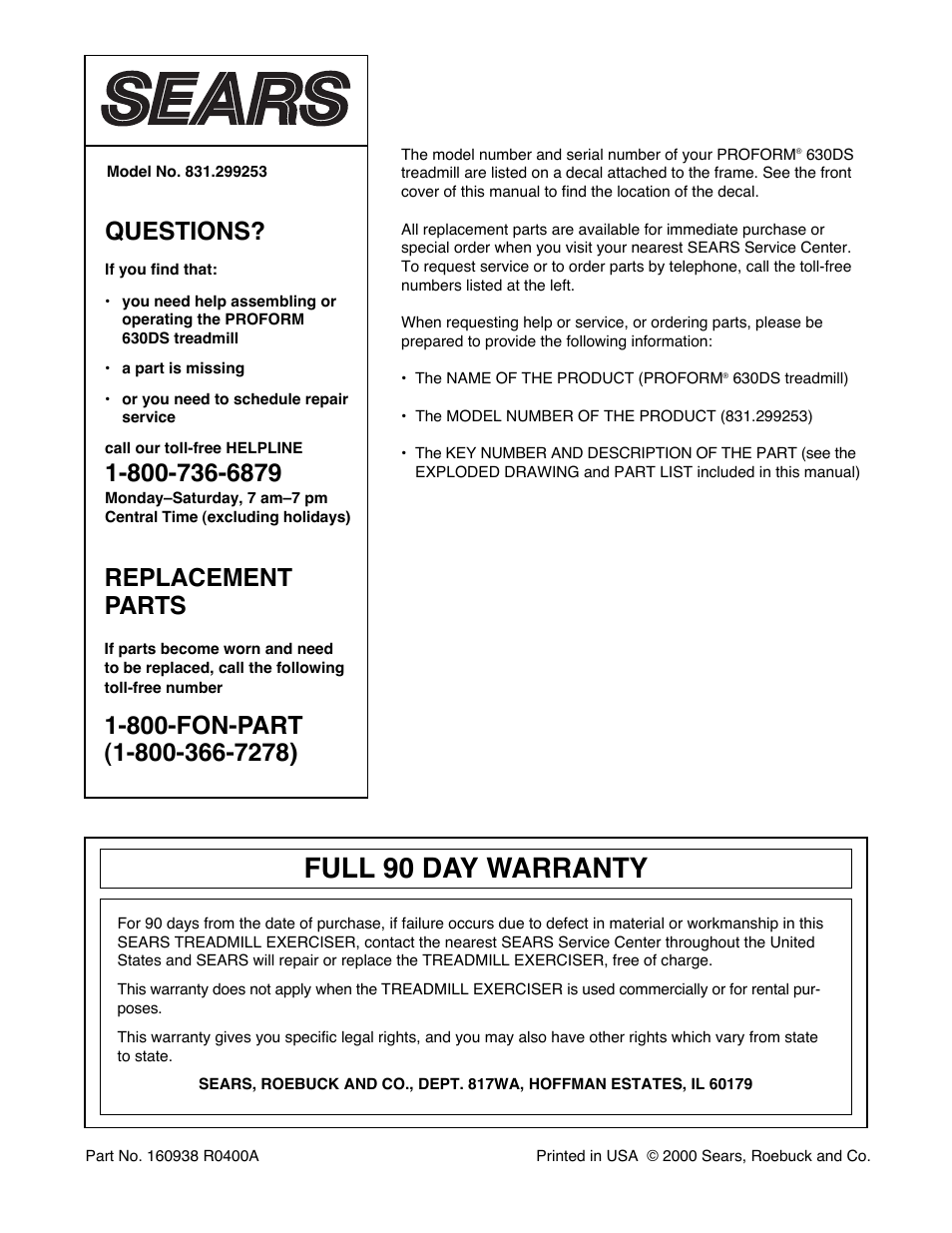 Full 90 day warranty, Questions, Replacement parts | ProForm 630DS 831.299253 User Manual | Page 26 / 26