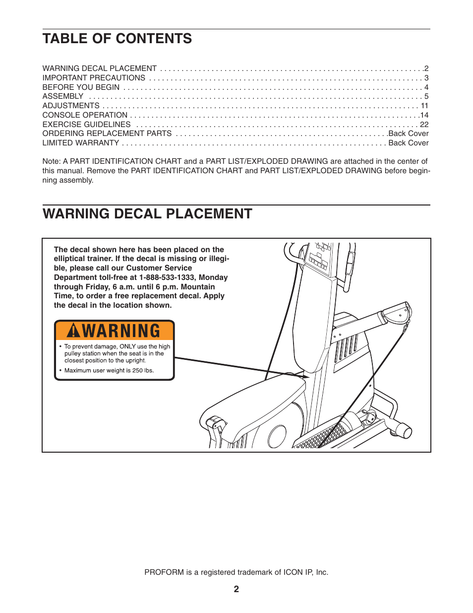 Table of contents warning decal placement | ProForm PFES80040 User Manual | Page 2 / 30