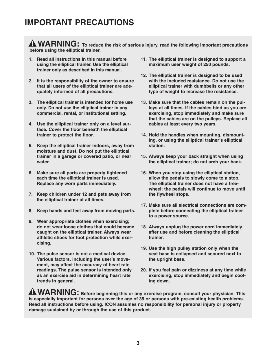 Warning, Important precautions | ProForm PFES80040 User Manual | Page 3 / 30