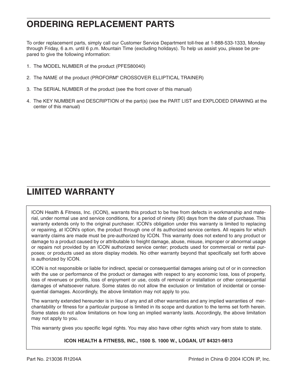 Limited warranty, Ordering replacement parts | ProForm PFES80040 User Manual | Page 30 / 30