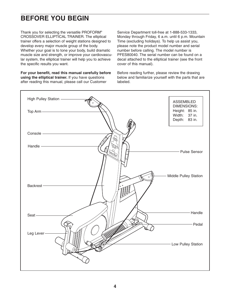 Before you begin | ProForm PFES80040 User Manual | Page 4 / 30