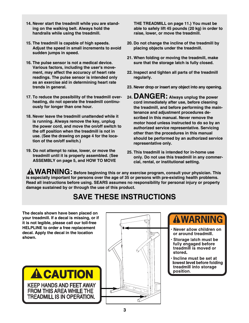 Danger, Warning, Save these instructions | ProForm 831.297771 User Manual | Page 3 / 18