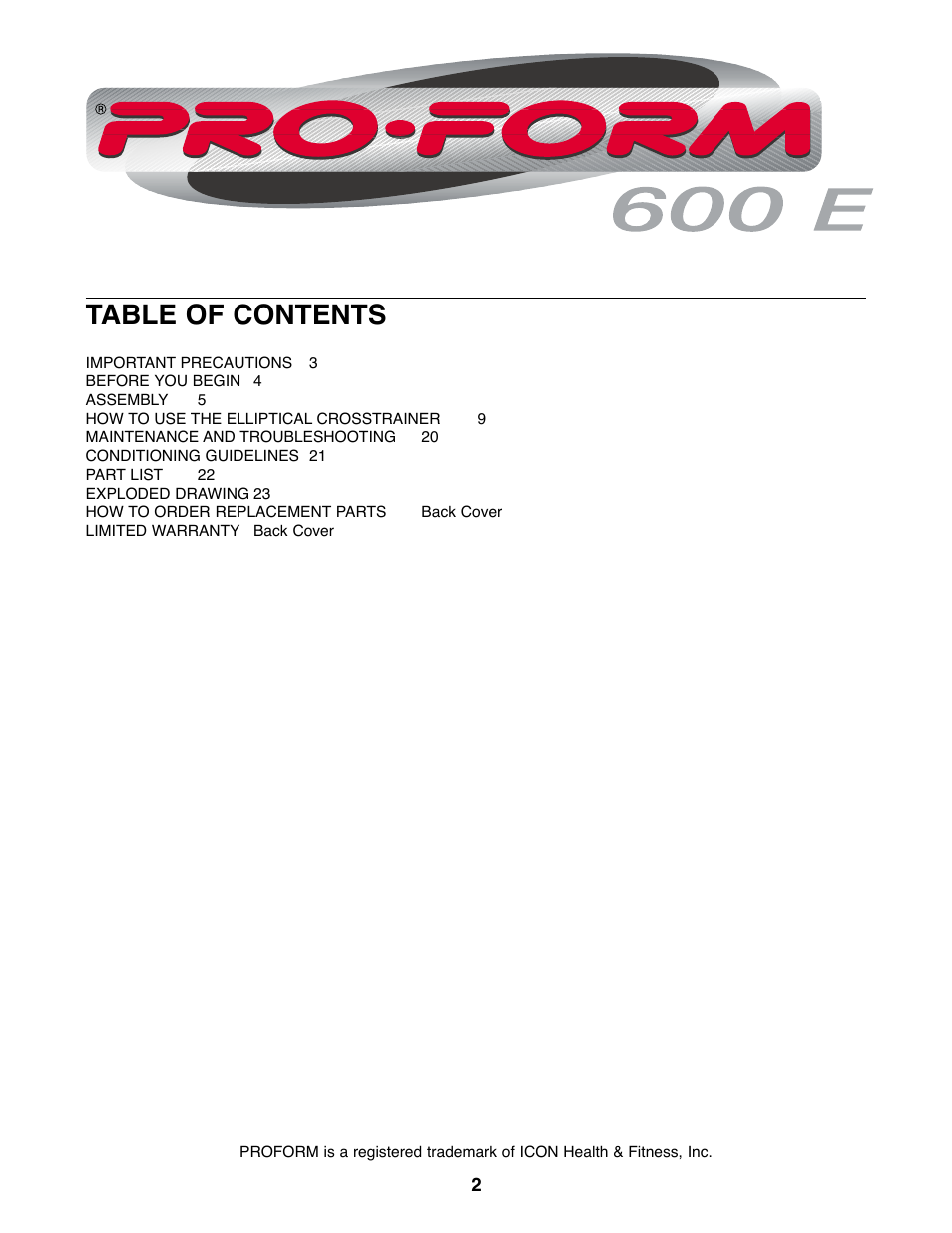 ProForm PFEL39420 User Manual | Page 2 / 24