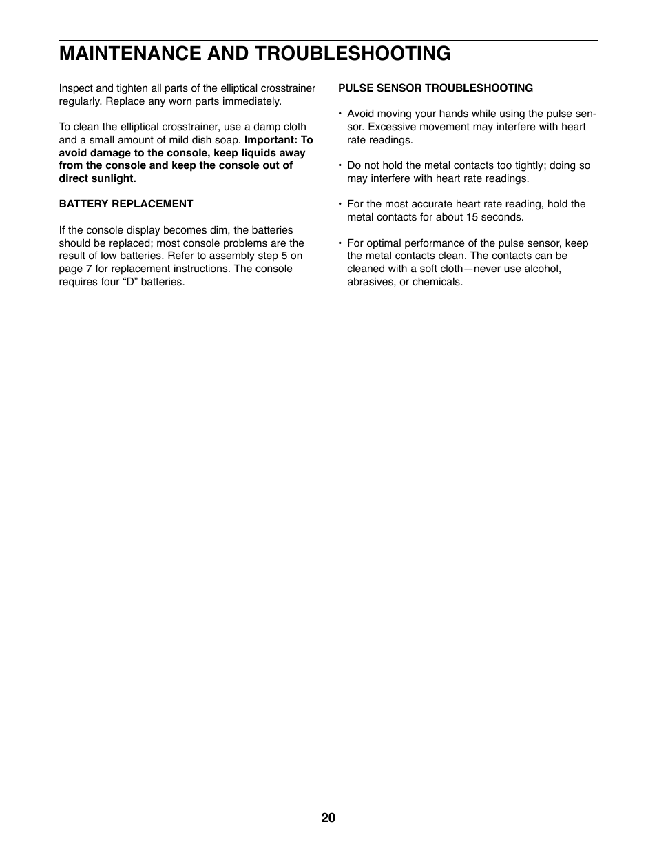 Maintenance and troubleshooting | ProForm PFEL39420 User Manual | Page 20 / 24