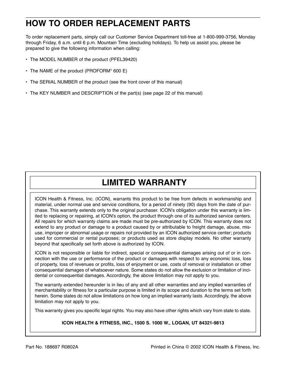 How to order replacement parts, Limited warranty | ProForm PFEL39420 User Manual | Page 24 / 24