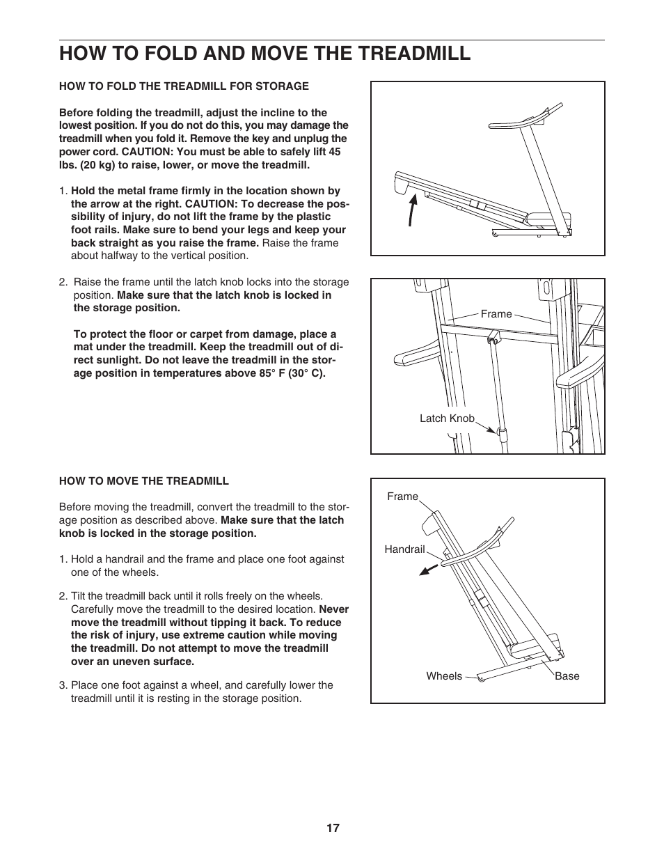 How to fold and move the treadmill | ProForm Trainer 831.24745.2 User Manual | Page 17 / 28