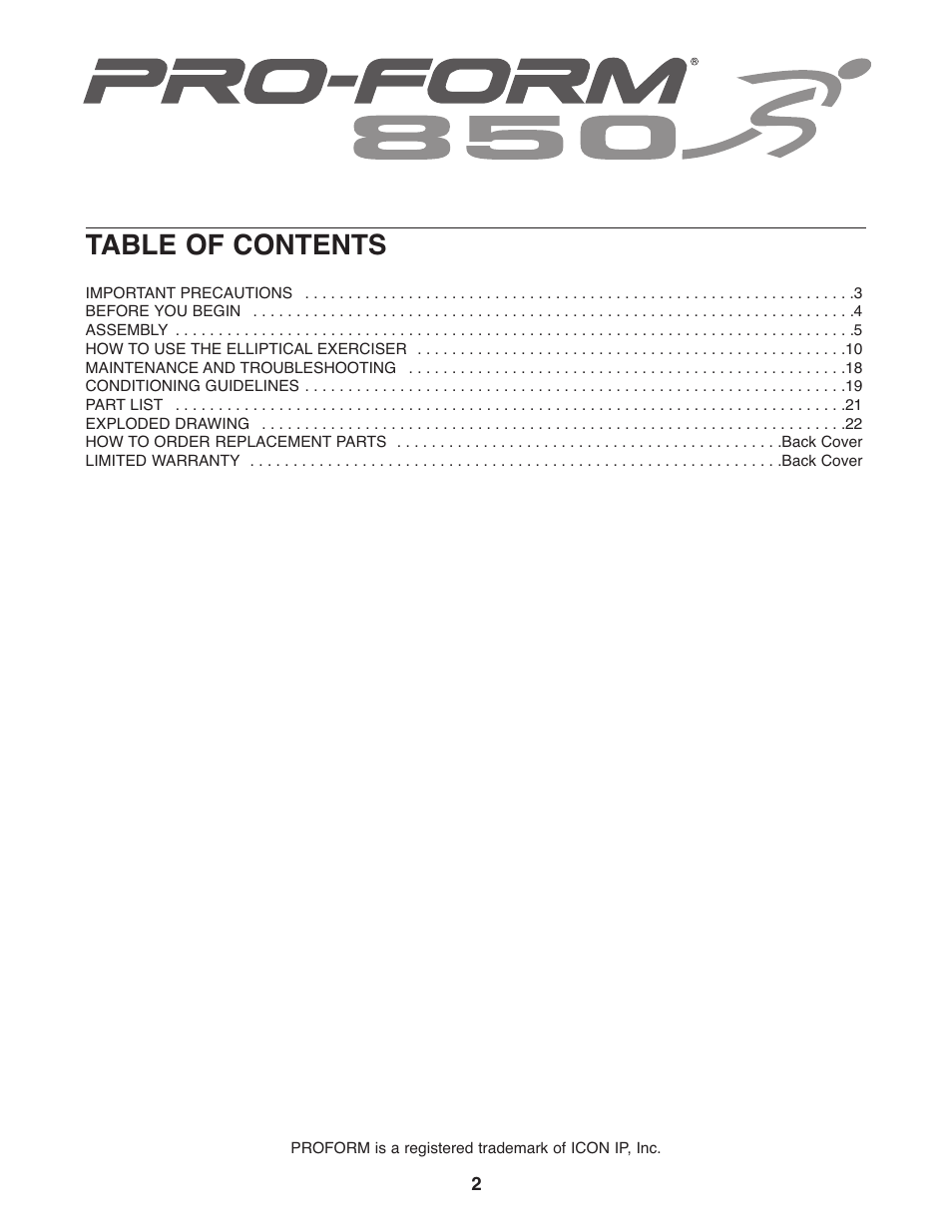 ProForm 850 PFEL5105.0 User Manual | Page 2 / 24