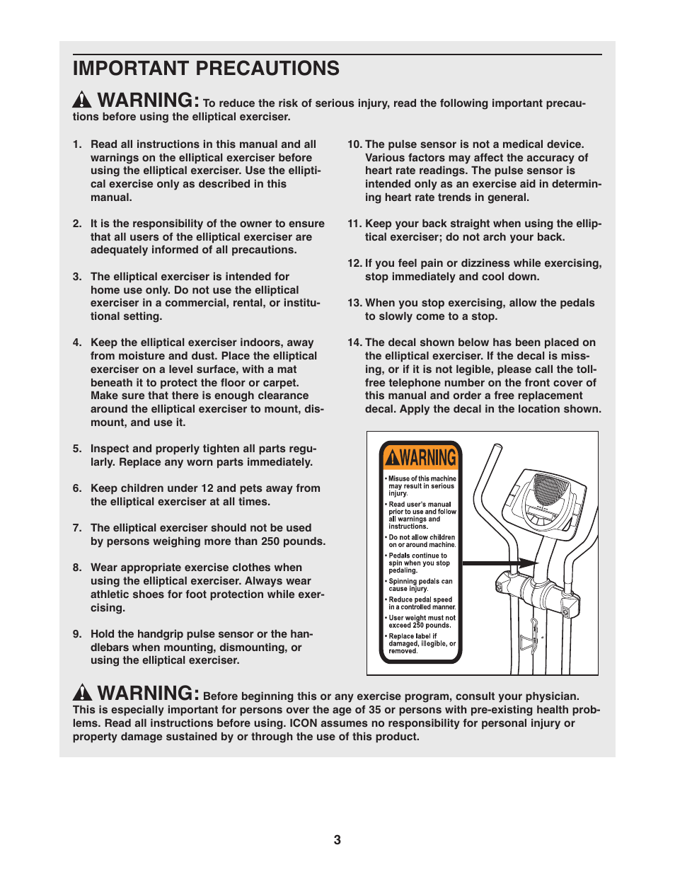 Important precautions warning, Warning | ProForm 850 PFEL5105.0 User Manual | Page 3 / 24