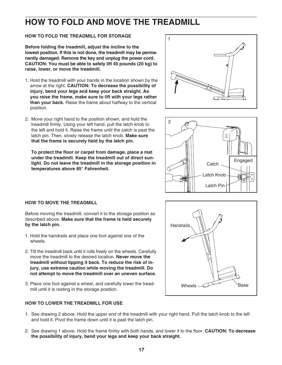 How to fold and move the treadmill | ProForm 831.24645.0 User Manual | Page 17 / 28