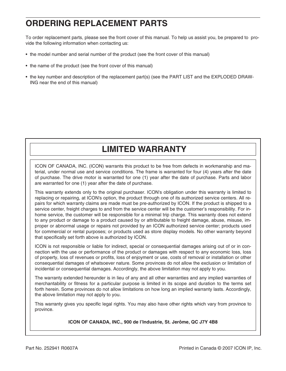 Limited warranty, Ordering replacement parts | ProForm 30755.0 User Manual | Page 28 / 28