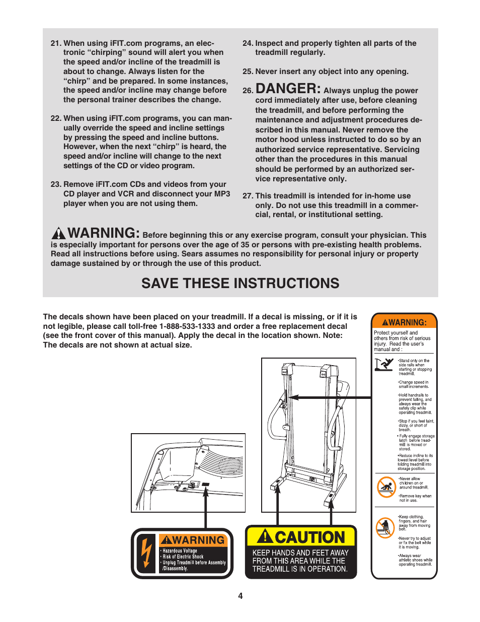 Danger, Warning, Save these instructions | ProForm 831.295550 User Manual | Page 4 / 30