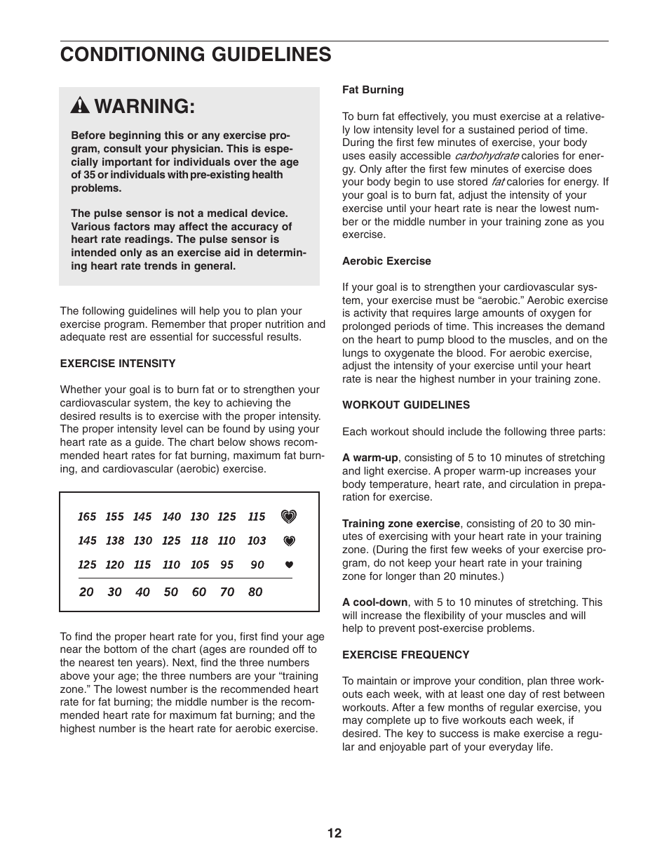 Warning, Conditioning guidelines | ProForm CardioCross Trainer PFEL2605.0 User Manual | Page 12 / 16