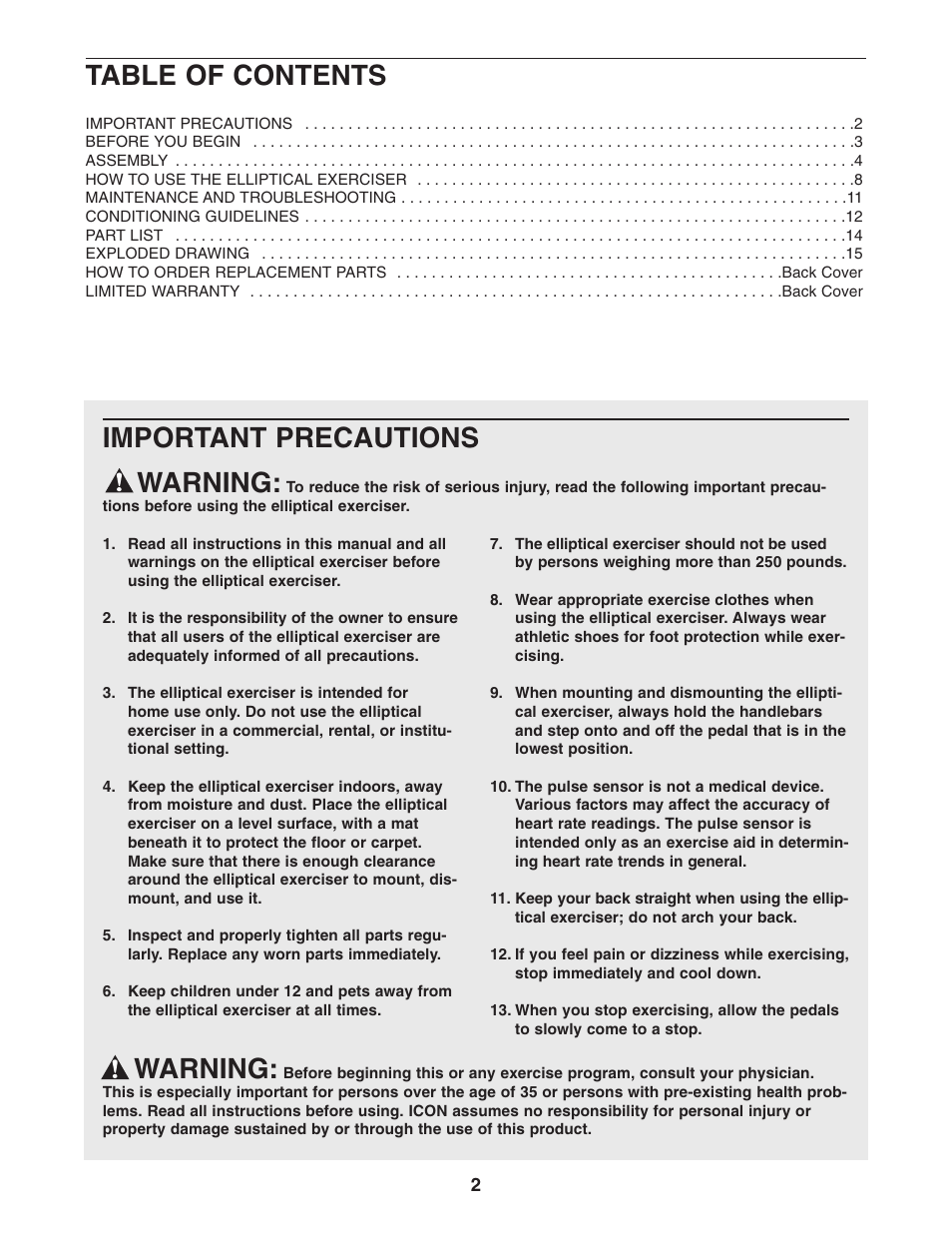 ProForm CardioCross Trainer PFEL2605.0 User Manual | Page 2 / 16