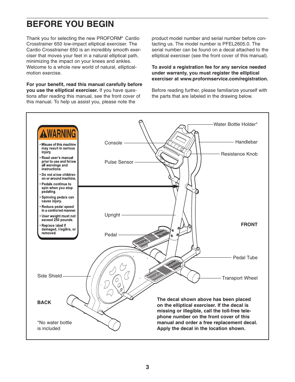 Before you begin | ProForm CardioCross Trainer PFEL2605.0 User Manual | Page 3 / 16