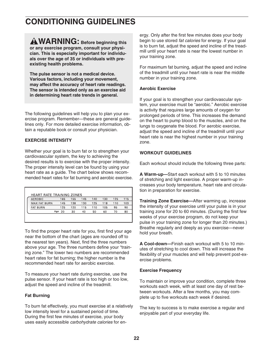 Conditioning guidelines, Warning | ProForm 831.299480 User Manual | Page 22 / 26