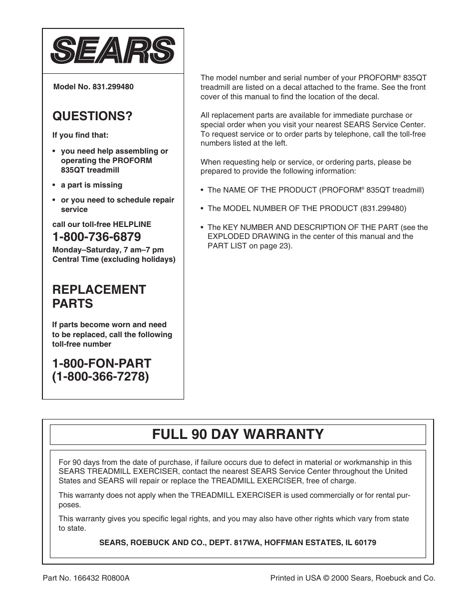 Full 90 day warranty, Questions, Replacement parts | ProForm 831.299480 User Manual | Page 26 / 26