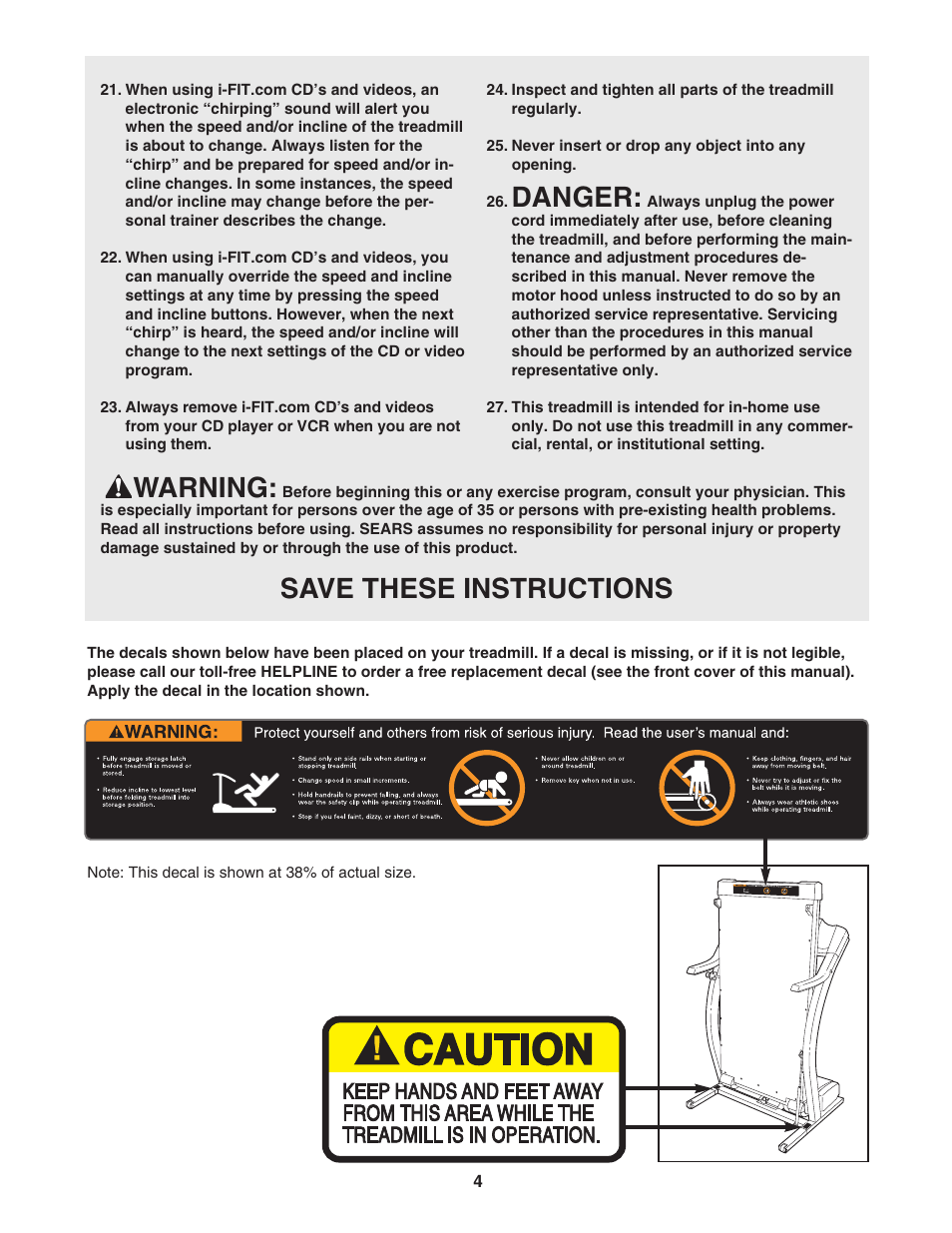 Danger, Warning, Save these instructions | ProForm 831.299480 User Manual | Page 4 / 26