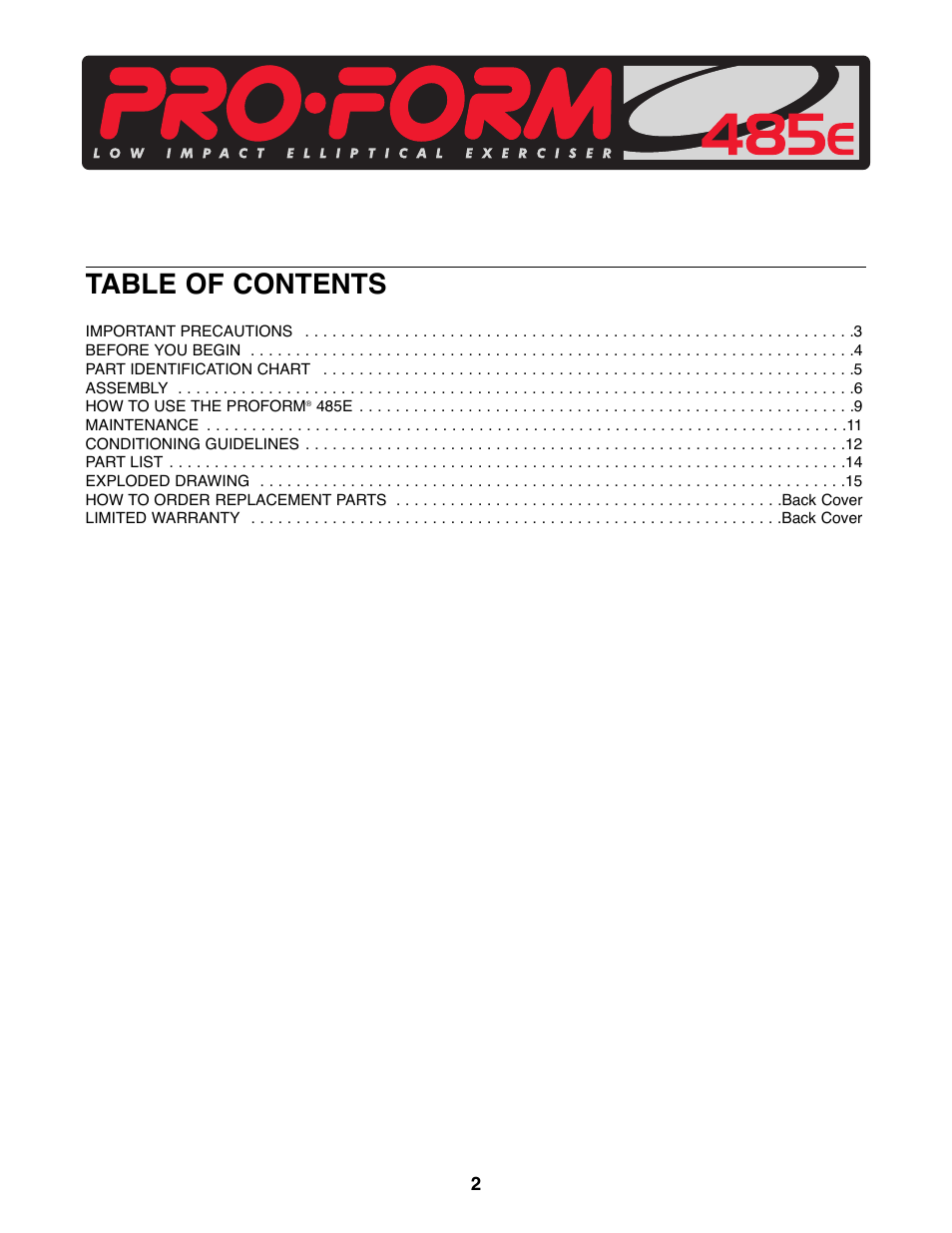 ProForm 485E PFEL87075 User Manual | Page 2 / 16