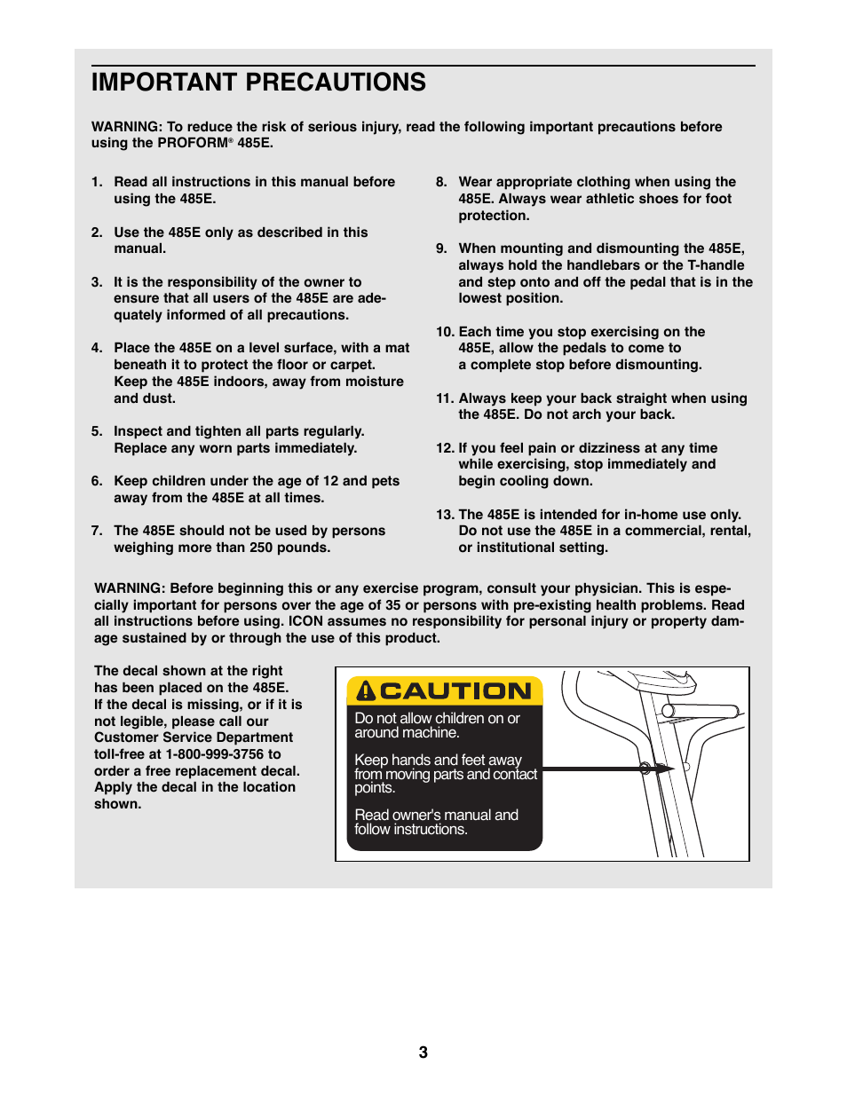Important precautions | ProForm 485E PFEL87075 User Manual | Page 3 / 16
