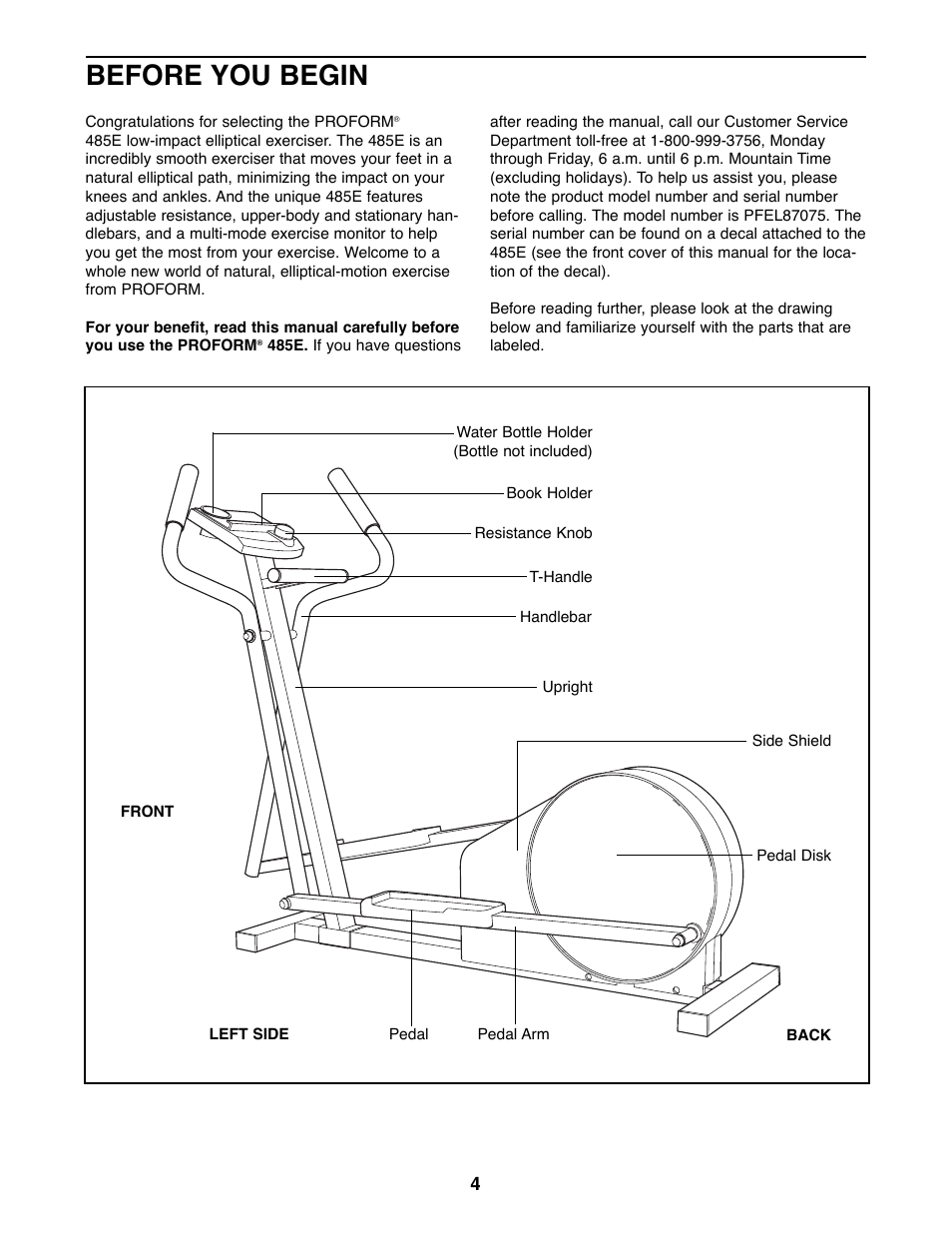 Before you begin | ProForm 485E PFEL87075 User Manual | Page 4 / 16