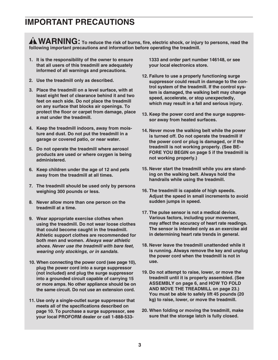 Warning, Important precautions | ProForm 400 GL User Manual | Page 3 / 30