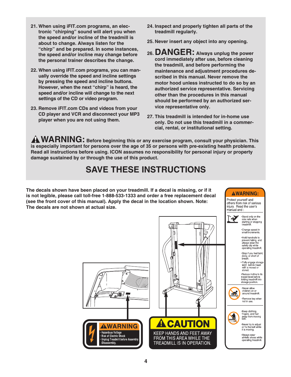Danger, Warning, Save these instructions | ProForm 400 GL User Manual | Page 4 / 30