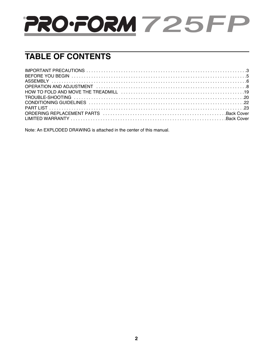 ProForm 725FP PFTL69100 User Manual | Page 2 / 26