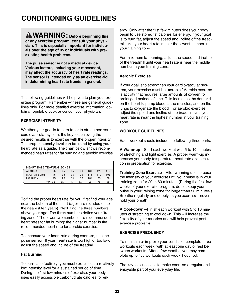 Conditioning guidelines, Warning | ProForm 725FP PFTL69100 User Manual | Page 22 / 26