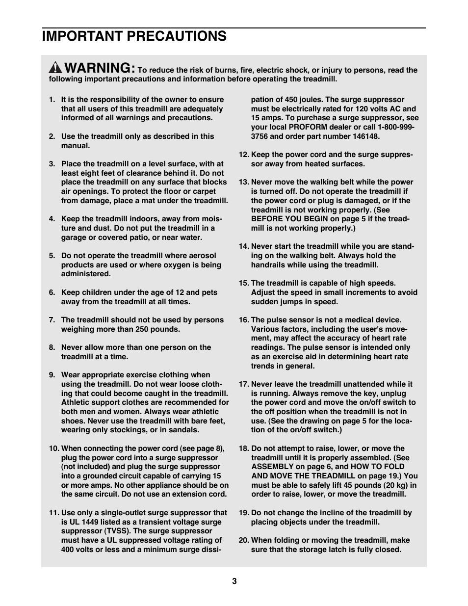 Warning, Important precautions | ProForm 725FP PFTL69100 User Manual | Page 3 / 26