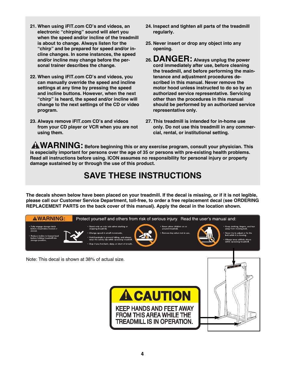 Danger, Warning, Save these instructions | ProForm 725FP PFTL69100 User Manual | Page 4 / 26